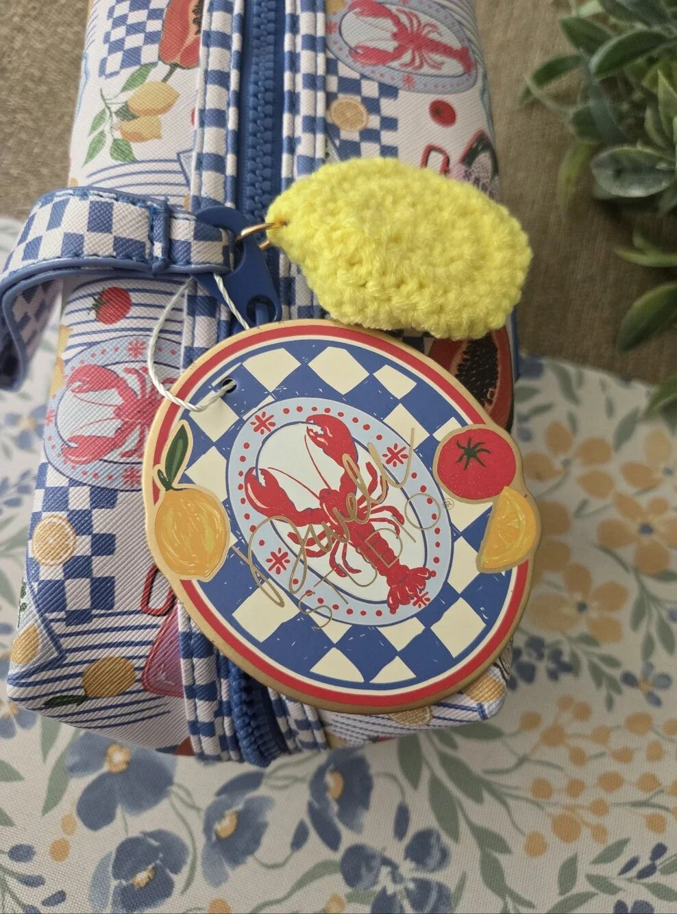 Blue Patterned Cosmetic  Pouch with Yellow Lemon Charm